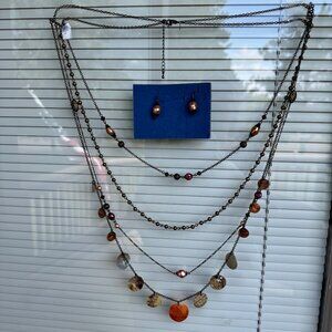 Layered Avon Necklace & Earrings Set With Shell Accents Jewelry In Box Vintage